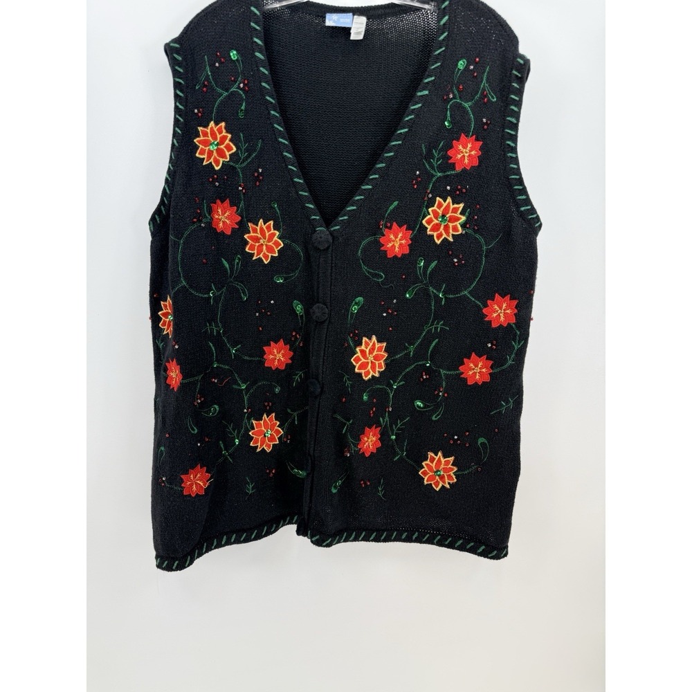 Christmas Sweater Vest Black Poinsettia Holly Beaded Womens Size 2X Button